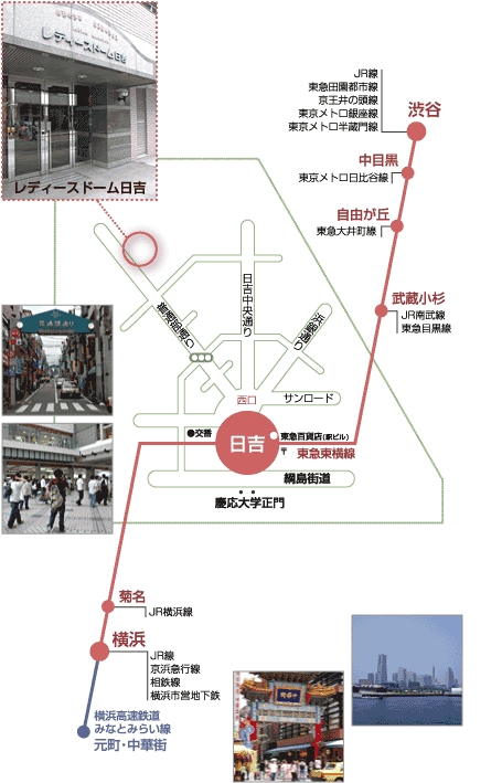 周辺マップ:横浜 東横線日吉 にあり、慶應大学(慶応大学)のそば、徒歩3分。